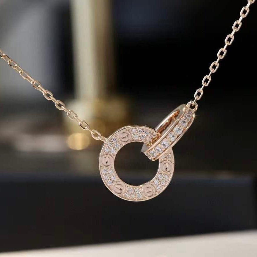 [Triumph Jewelry]LOVE 7.6MM NECKLACE ROSE GOLD AND SILVER  FULL DIAMOND