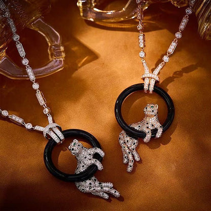 [Triumph Jewelry jewelrys]NEW BLACK CIRCLE PANTHER FULL DIAMOND NECKLACE