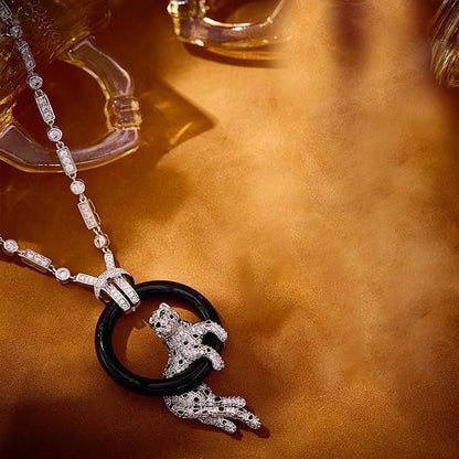 [Triumph Jewelry jewelrys]NEW BLACK CIRCLE PANTHER FULL DIAMOND NECKLACE