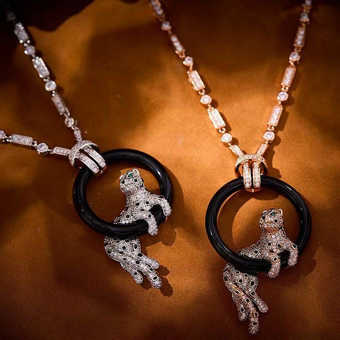 [Triumph Jewelry jewelrys]NEW BLACK CIRCLE PANTHER FULL DIAMOND NECKLACE