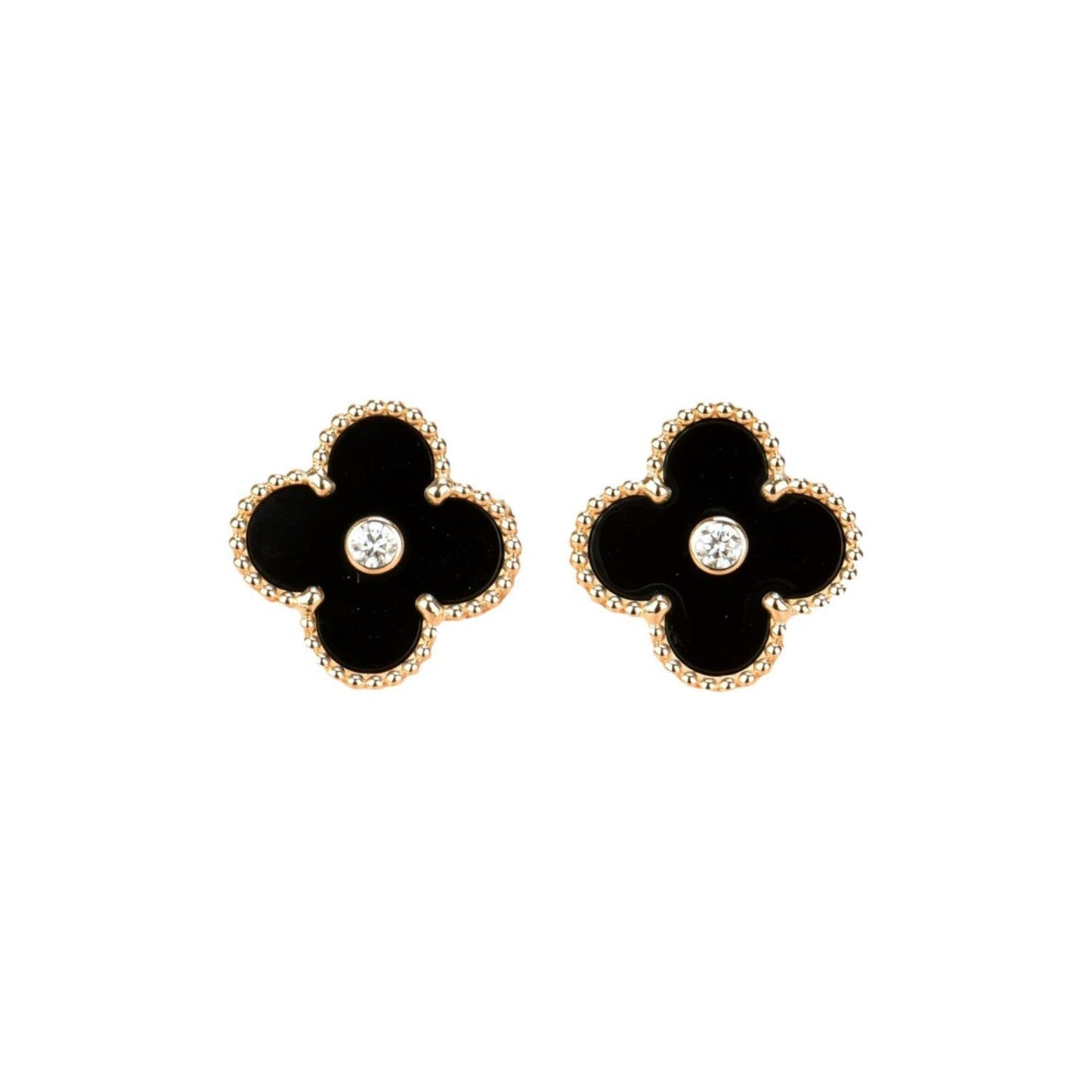 [Triumph Jewelry]CLOVER MEDIUM 1 MOTIFS ONYX DIAMOND EARRINGS